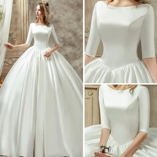 Vintage / Retro Ivory Satin Wedding Dresses 2019 Ball Gown Scoop Neck 1/2 Sleeves Backless Cathedral Train Ruffle