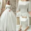 Vintage / Retro Ivory Satin Wedding Dresses 2019 Ball Gown Scoop Neck 1/2 Sleeves Backless Cathedral Train Ruffle