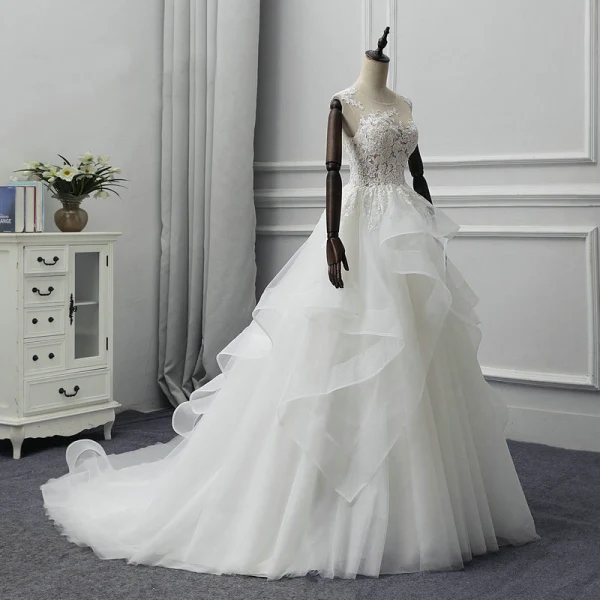 Illusion Ivory See-through Wedding Dresses 2018 A-Line / Princess Scoop Neck Sleeveless Appliques Lace Chapel Train Cascading Ruffles