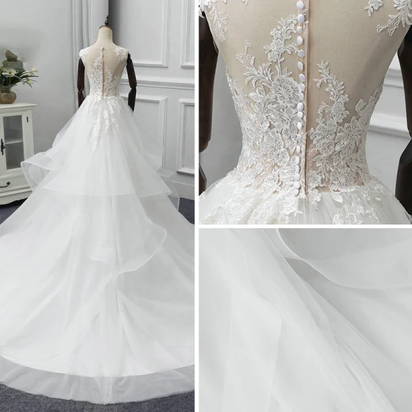 Illusion Ivory See-through Wedding Dresses 2018 A-Line / Princess Scoop Neck Sleeveless Appliques Lace Chapel Train Cascading Ruffles