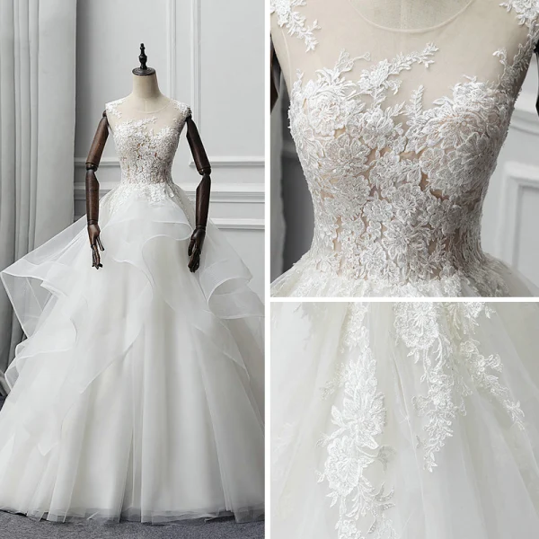 Illusion Ivory See-through Wedding Dresses 2018 A-Line / Princess Scoop Neck Sleeveless Appliques Lace Chapel Train Cascading Ruffles