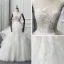 Illusion Ivory See-through Wedding Dresses 2018 A-Line / Princess Scoop Neck Sleeveless Appliques Lace Chapel Train Cascading Ruffles
