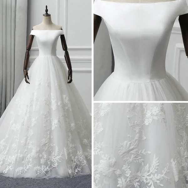 Modest / Simple Ivory Wedding Dresses 2019 A-Line / Princess Off-The-Shoulder Short Sleeve Backless Appliques Lace Chapel Train Ruffle