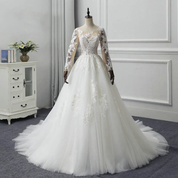 Illusion Ivory See-through Wedding Dresses 2019 A-Line / Princess Scoop Neck Long Sleeve Appliques Lace Chapel Train Ruffle