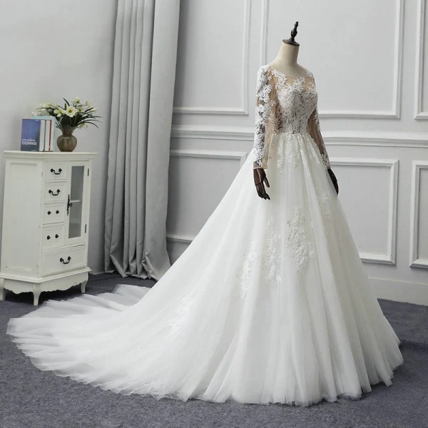 Illusion Ivory See-through Wedding Dresses 2019 A-Line / Princess Scoop Neck Long Sleeve Appliques Lace Chapel Train Ruffle