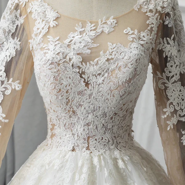 Illusion Ivory See-through Wedding Dresses 2019 A-Line / Princess Scoop Neck Long Sleeve Appliques Lace Chapel Train Ruffle