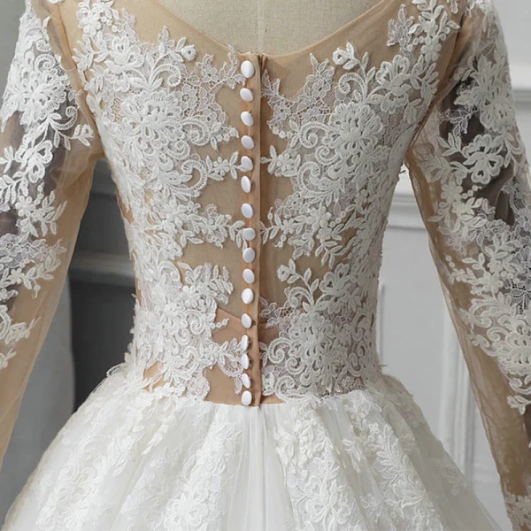 Illusion Ivory See-through Wedding Dresses 2019 A-Line / Princess Scoop Neck Long Sleeve Appliques Lace Chapel Train Ruffle