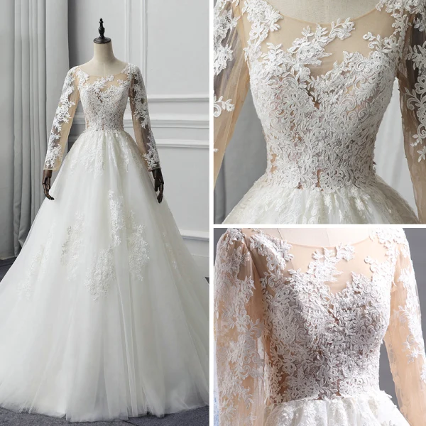 Illusion Ivory See-through Wedding Dresses 2019 A-Line / Princess Scoop Neck Long Sleeve Appliques Lace Chapel Train Ruffle