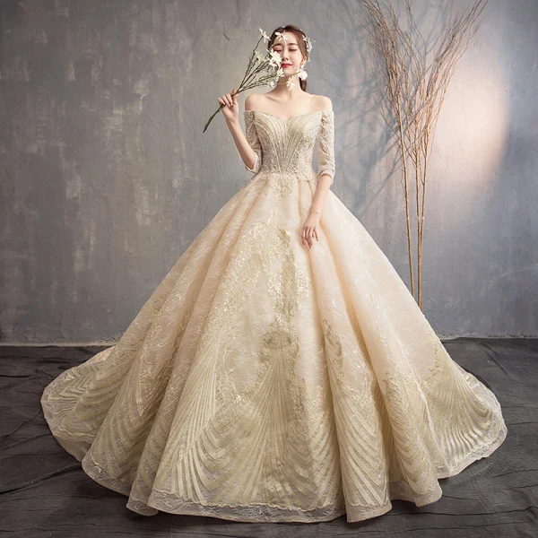 Luxury / Gorgeous Champagne Wedding Dresses 2019 A-Line / Princess Off-The-Shoulder 3/4 Sleeve Backless Appliques Lace Beading Glitter Tulle Cathedral Train Ruffle
