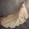 Luxury / Gorgeous Champagne Wedding Dresses 2019 A-Line / Princess Off-The-Shoulder 3/4 Sleeve Backless Appliques Lace Beading Glitter Tulle Cathedral Train Ruffle