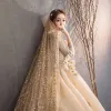 Luxury / Gorgeous Champagne Wedding Dresses 2019 A-Line / Princess Off-The-Shoulder 3/4 Sleeve Backless Appliques Lace Beading Glitter Tulle Cathedral Train Ruffle