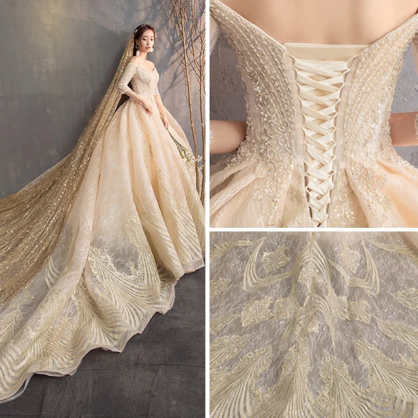 Luxury / Gorgeous Champagne Wedding Dresses 2019 A-Line / Princess Off-The-Shoulder 3/4 Sleeve Backless Appliques Lace Beading Glitter Tulle Cathedral Train Ruffle
