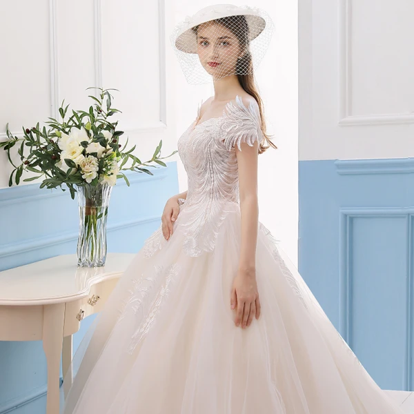 Chic / Belle Champagne Robe De Mariée 2019 Princesse De l'épaule Manches Courtes Dos Nu Appliques En Dentelle Cathedral Train Volants