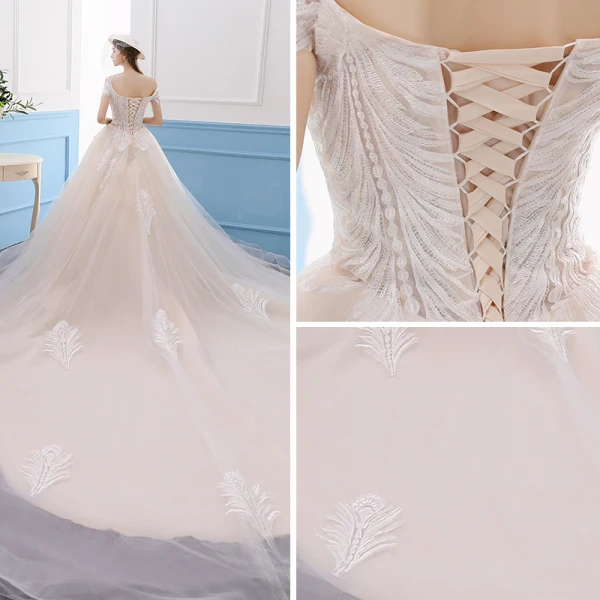 Chic / Belle Champagne Robe De Mariée 2019 Princesse De l'épaule Manches Courtes Dos Nu Appliques En Dentelle Cathedral Train Volants