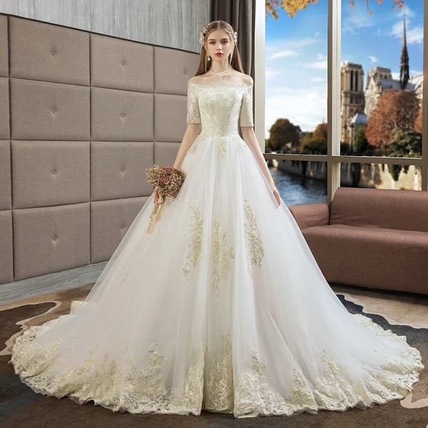 Erschwinglich Ivory / Creme Brautkleider / Hochzeitskleider 2019 A Linie Off Shoulder 1/2 Ärmel Rückenfreies Applikationen Spitze Hof-Schleppe Rüschen