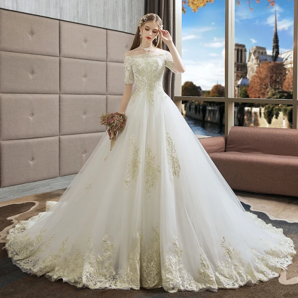 Erschwinglich Ivory / Creme Brautkleider / Hochzeitskleider 2019 A Linie Off Shoulder 1/2 Ärmel Rückenfreies Applikationen Spitze Hof-Schleppe Rüschen
