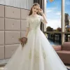 Affordable Ivory Wedding Dresses 2019 A-Line / Princess Off-The-Shoulder 1/2 Sleeves Backless Appliques Lace Court Train Ruffle