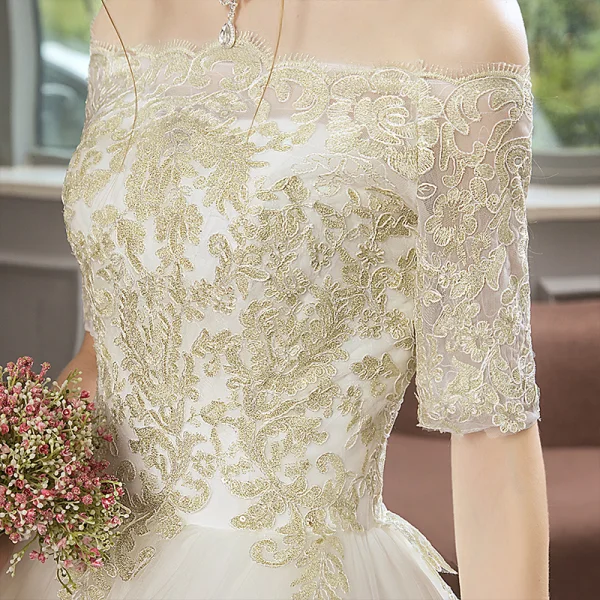 Erschwinglich Ivory / Creme Brautkleider / Hochzeitskleider 2019 A Linie Off Shoulder 1/2 Ärmel Rückenfreies Applikationen Spitze Hof-Schleppe Rüschen