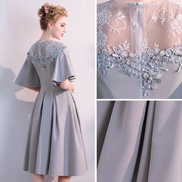 Modest / Simple Grey Homecoming Graduation Dresses 2018 A-Line / Princess Scoop Neck 1/2 Sleeves Appliques Lace Knee-Length Ruffle Formal Dresses
