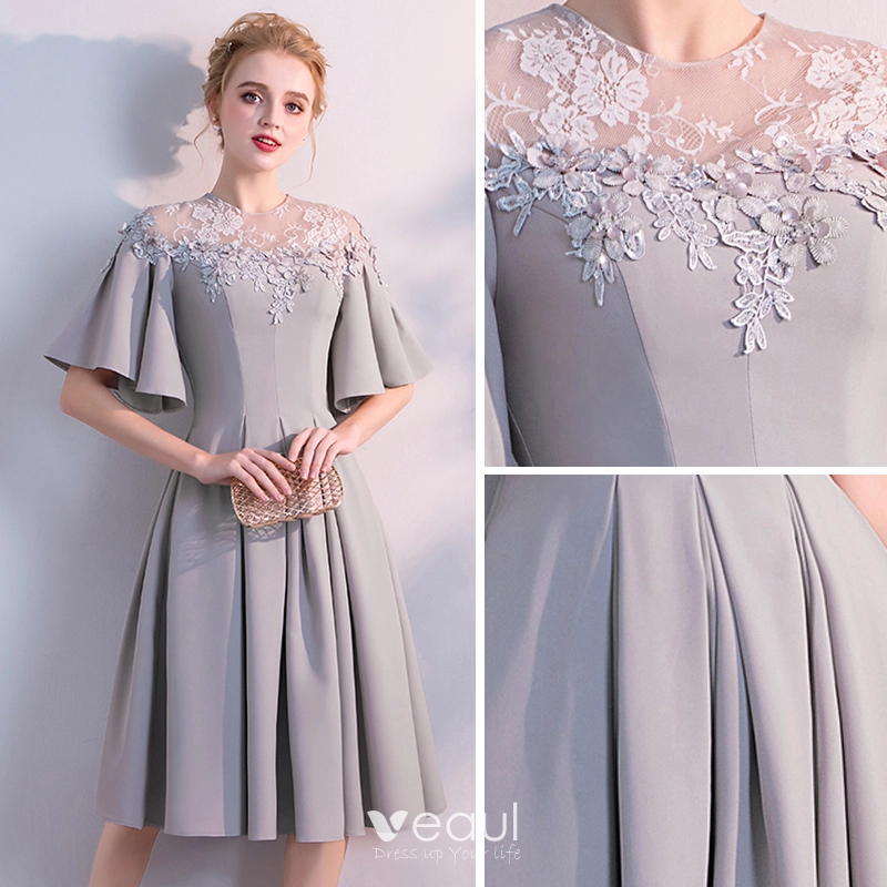 Modest Simple Grey Homecoming Graduation Dresses 2018 A Line Princess Scoop Neck 1 2 Sleeves Appliques