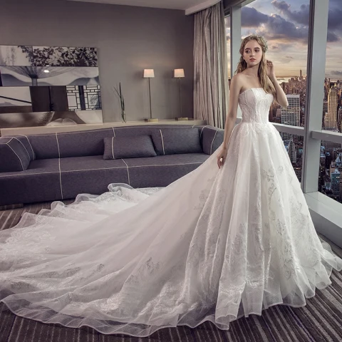 Affordable Ivory Wedding Dresses 2019 A-Line / Princess Strapless Sleeveless Backless Appliques Lace Chapel Train Ruffle