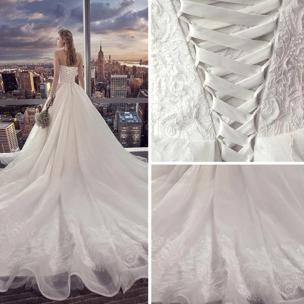 Prisvärd Elfenben Bröllopsklänningar 2019 Prinsessa Axelbandslös Ärmlös Halterneck Appliqués Spets Chapel Train Ruffle
