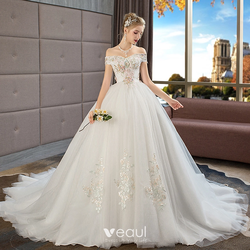 Chic Beautiful Ivory Wedding Dresses 2019 Ball Gown Off The Shoulder Short Sleeve Backless Appliques Lace Pearl Rhinestone Chapel Train Ruffle
