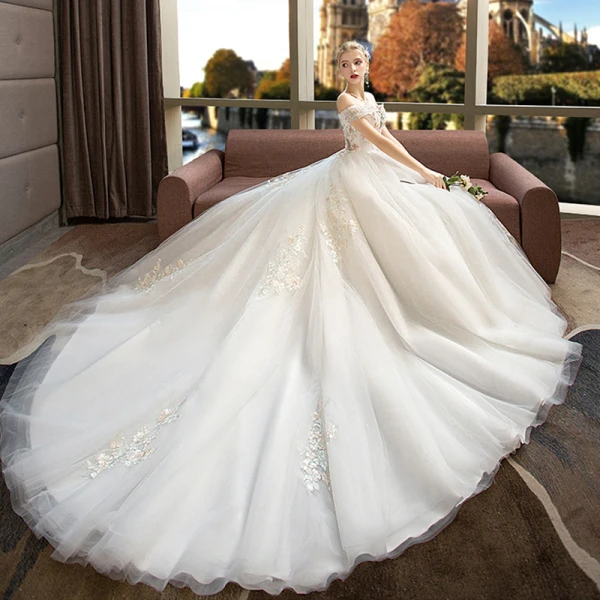 Schöne Ivory / Creme Brautkleider / Hochzeitskleider 2019 Ballkleid Off Shoulder Kurze Ärmel Rückenfreies Applikationen Spitze Perle Strass Kapelle-Schleppe Rüschen