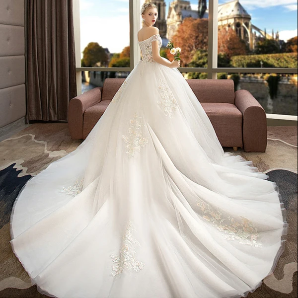 Schöne Ivory / Creme Brautkleider / Hochzeitskleider 2019 Ballkleid Off Shoulder Kurze Ärmel Rückenfreies Applikationen Spitze Perle Strass Kapelle-Schleppe Rüschen