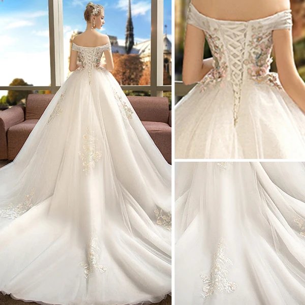 Schöne Ivory / Creme Brautkleider / Hochzeitskleider 2019 Ballkleid Off Shoulder Kurze Ärmel Rückenfreies Applikationen Spitze Perle Strass Kapelle-Schleppe Rüschen