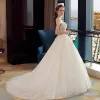 Classy Ivory Wedding Dresses 2019 Ball Gown Sweetheart Sleeveless Backless Appliques Lace Beading Pearl Court Train Ruffle