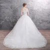 Elegant White Wedding Dresses 2019 A-Line / Princess Off-The-Shoulder Short Sleeve Backless Appliques Lace Sequins Pearl Beading Glitter Tulle Chapel Train Ruffle