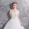 Elegant White Wedding Dresses 2019 A-Line / Princess Off-The-Shoulder Short Sleeve Backless Appliques Lace Sequins Pearl Beading Glitter Tulle Chapel Train Ruffle