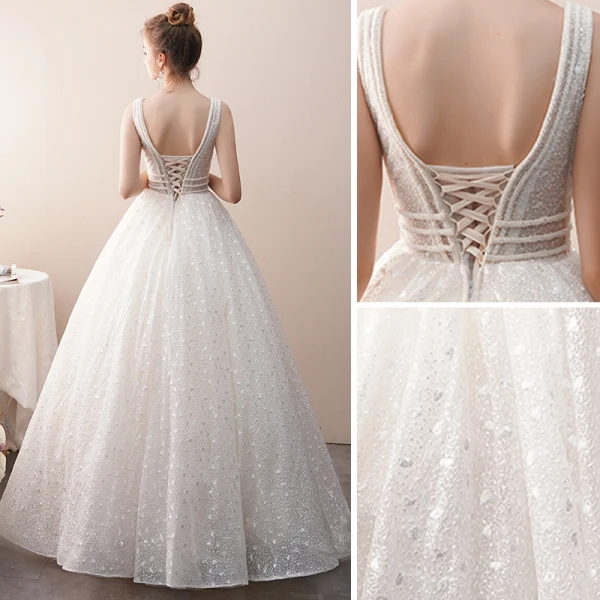 Meilleur Ivoire Transparentes Dentelle Robe De Mariée 2019 Princesse V-Cou Sans Manches Dos Nu Perlage Longue Volants