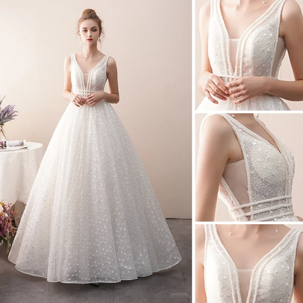 Meilleur Ivoire Transparentes Dentelle Robe De Mariée 2019 Princesse V-Cou Sans Manches Dos Nu Perlage Longue Volants