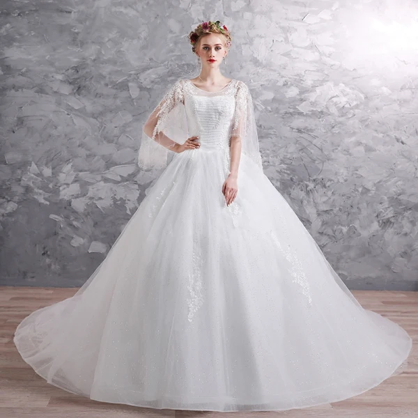 Chic / Belle Blanche Robe De Mariée 2019 Robe Boule Encolure Dégagée 3/4 Manches Dos Nu Appliques En Dentelle Perlage Glitter Tulle Chapel Train Volants