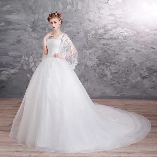 Chic / Belle Blanche Robe De Mariée 2019 Robe Boule Encolure Dégagée 3/4 Manches Dos Nu Appliques En Dentelle Perlage Glitter Tulle Chapel Train Volants