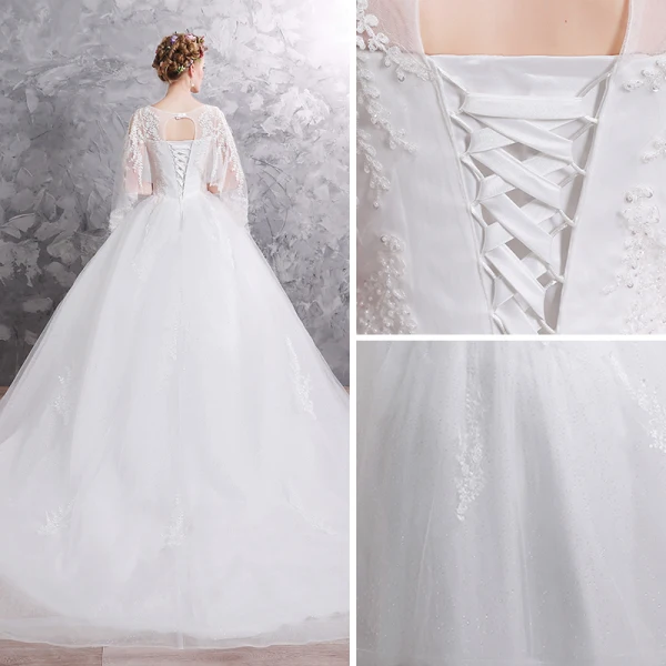 Chic / Belle Blanche Robe De Mariée 2019 Robe Boule Encolure Dégagée 3/4 Manches Dos Nu Appliques En Dentelle Perlage Glitter Tulle Chapel Train Volants