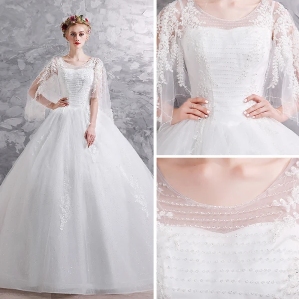 Chic / Belle Blanche Robe De Mariée 2019 Robe Boule Encolure Dégagée 3/4 Manches Dos Nu Appliques En Dentelle Perlage Glitter Tulle Chapel Train Volants