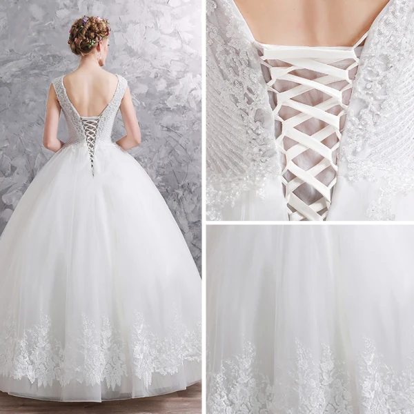 Elegant Ivory Wedding Dresses 2019 Ball Gown V-Neck Sleeveless Backless Appliques Lace Beading Floor-Length / Long Ruffle
