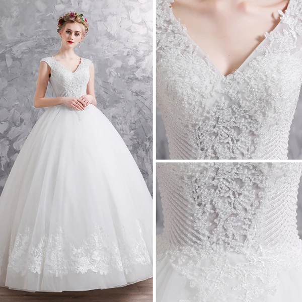 Elegant Ivory Wedding Dresses 2019 Ball Gown V-Neck Sleeveless Backless Appliques Lace Beading Floor-Length / Long Ruffle