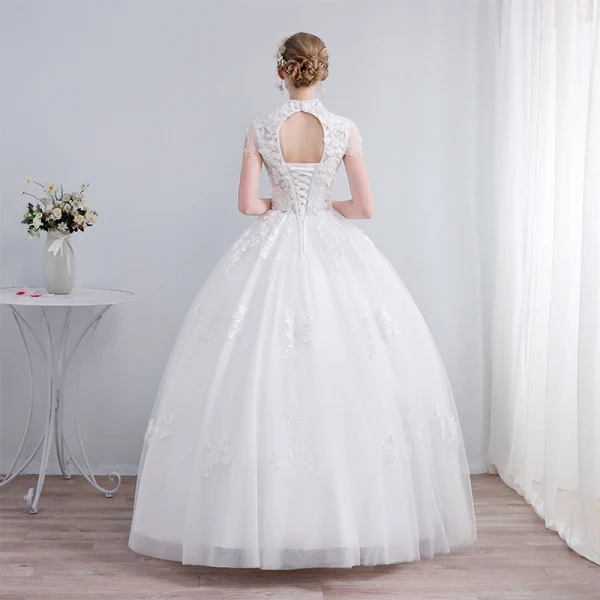 Chinese style Ivory Wedding Dresses 2019 Ball Gown High Neck Cap Sleeves Backless Appliques Lace Beading Sequins Floor-Length / Long Ruffle