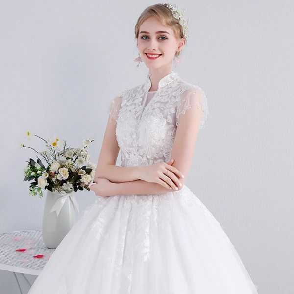 Chinese style Ivory Wedding Dresses 2019 Ball Gown High Neck Cap Sleeves Backless Appliques Lace Beading Sequins Floor-Length / Long Ruffle