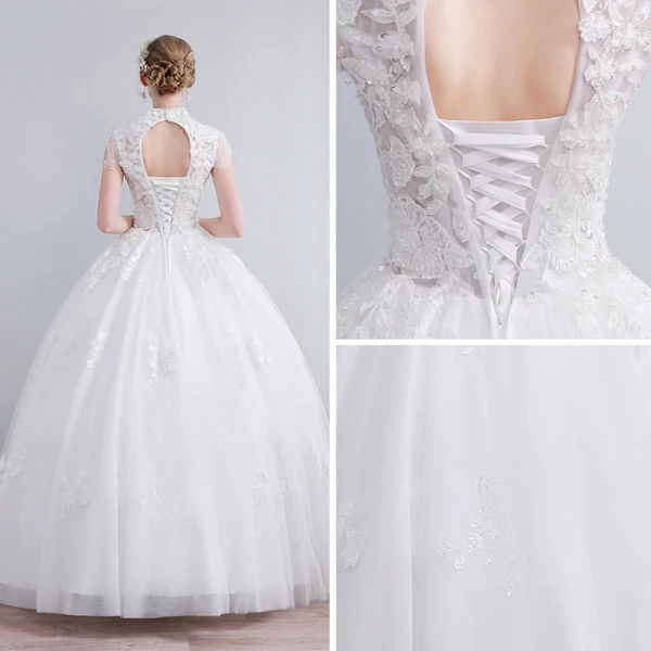 Chinese style Ivory Wedding Dresses 2019 Ball Gown High Neck Cap Sleeves Backless Appliques Lace Beading Sequins Floor-Length / Long Ruffle