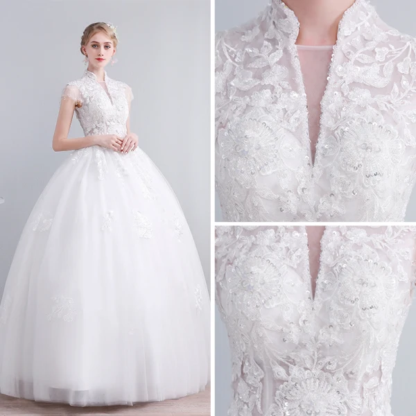 Chinese style Ivory Wedding Dresses 2019 Ball Gown High Neck Cap Sleeves Backless Appliques Lace Beading Sequins Floor-Length / Long Ruffle