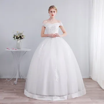 Abordable Ivoire Robe De Mariée 2019 Robe Boule De L Épaule Manches Courtes Dos Nu Appliques En Dentelle Paillettes Perlage Longue Volants