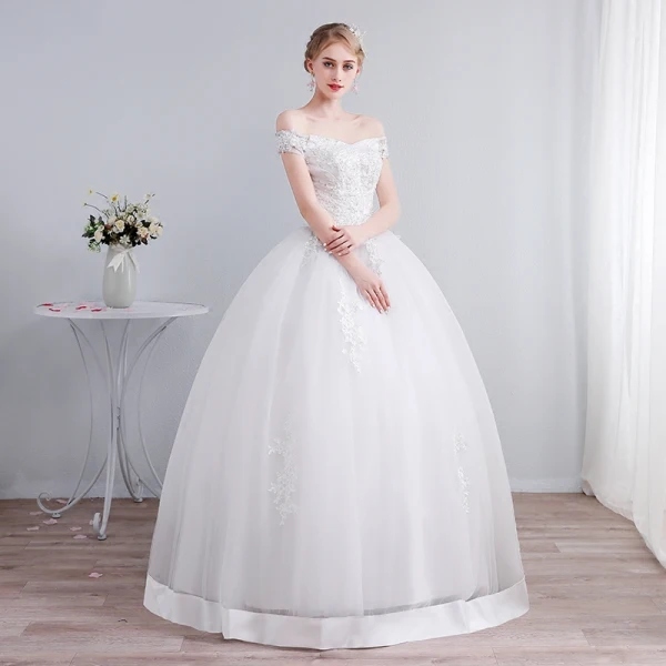 Affordable Ivory Wedding Dresses 2019 Ball Gown Off-The-Shoulder Short Sleeve Backless Appliques Lace Sequins Beading Floor-Length / Long Ruffle