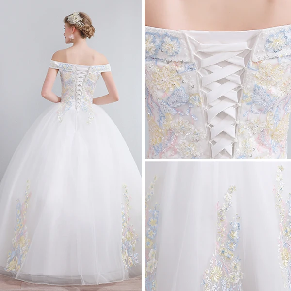Coloré Ivoire Robe De Mariée 2019 Princesse De l'épaule Manches Courtes Dos Nu Appliques En Dentelle Paillettes Perlage Longue Volants