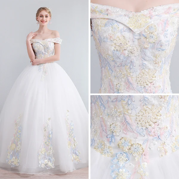 Coloré Ivoire Robe De Mariée 2019 Princesse De l'épaule Manches Courtes Dos Nu Appliques En Dentelle Paillettes Perlage Longue Volants