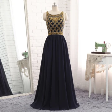 Moderne Mode Bleu Marine Robe De Soirée 2017 Princesse Encolure Dégagée Sans Manches Perlage Longue Volants Robe De Ceremonie